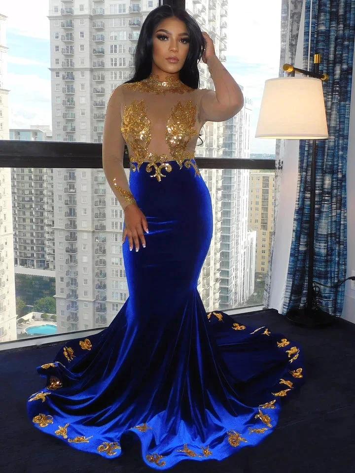 Fabulous High-neck Transparent lace Long Sleeve Appliques Lace Mermaid Prom Dresses - Image 2