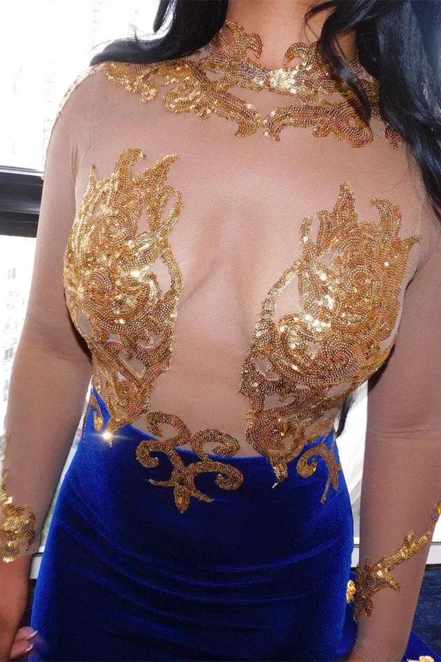Fabulous High-neck Transparent lace Long Sleeve Appliques Lace Mermaid Prom Dresses - Image 3