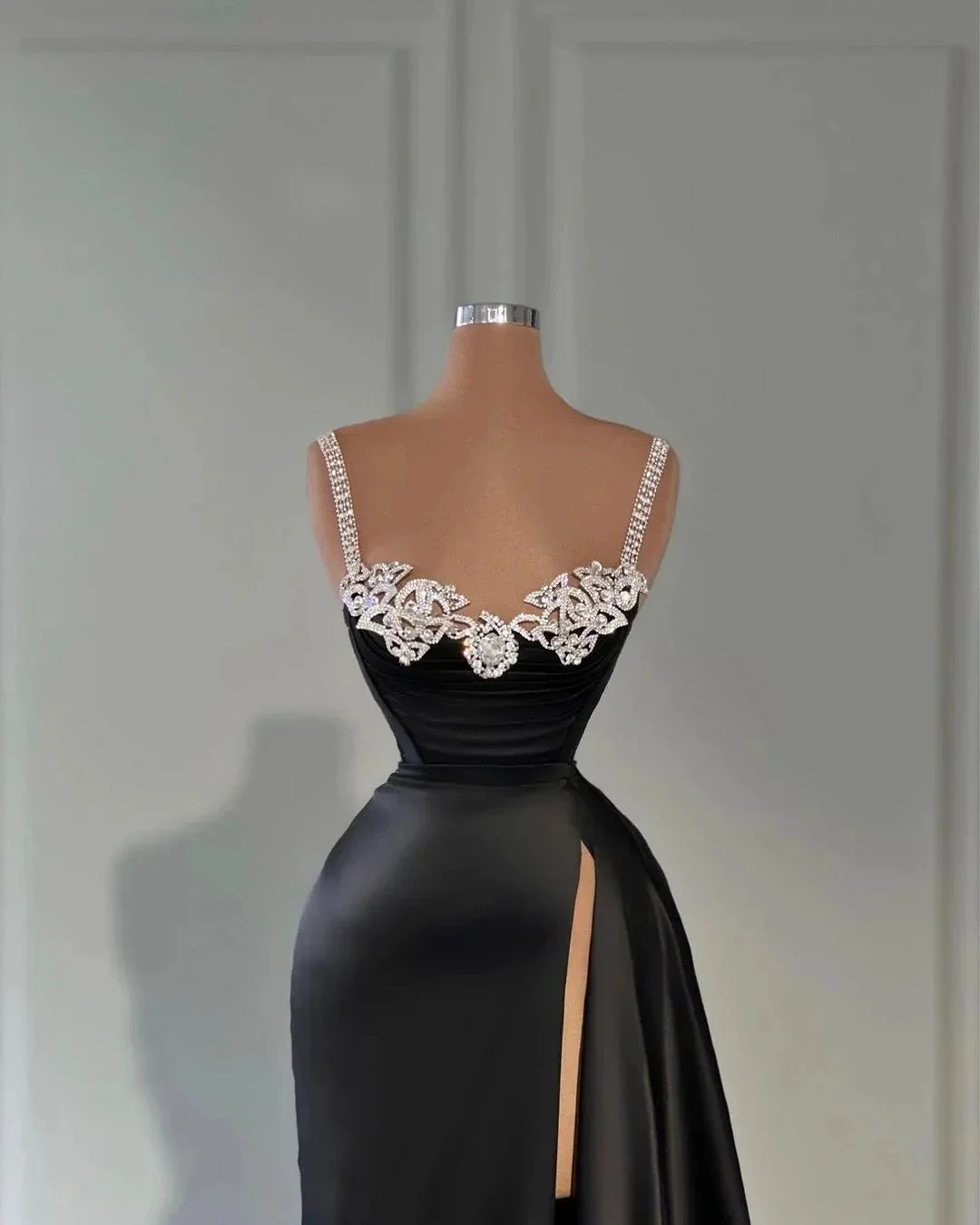 Fabulous Long Black A-line Straps Crystal Sleeveless Prom Dress With Slit - Image 2