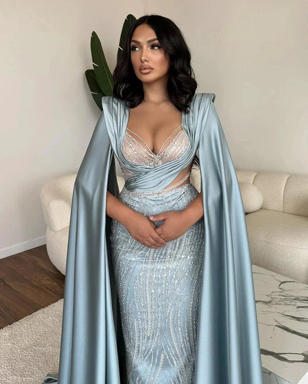 Fabulous Long Blue V-neck Mermaid Sequined Lace Prom Dress With Sleeves - Image 2