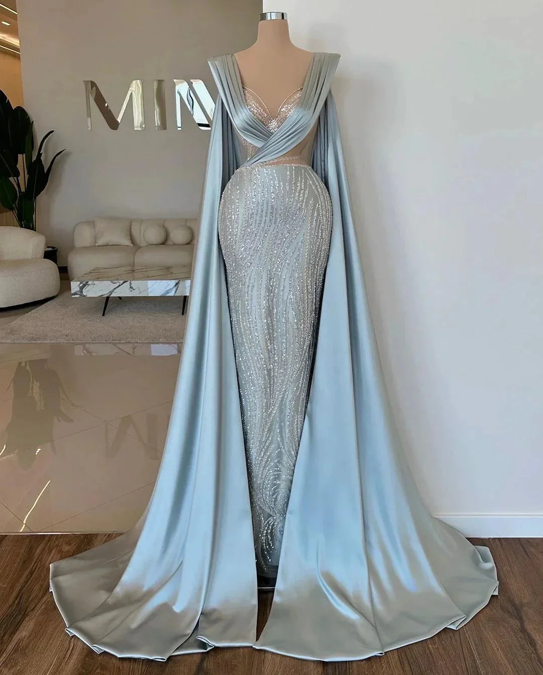Fabulous Long Blue V-neck Mermaid Sequined Lace Prom Dress With Sleeves - Image 3
