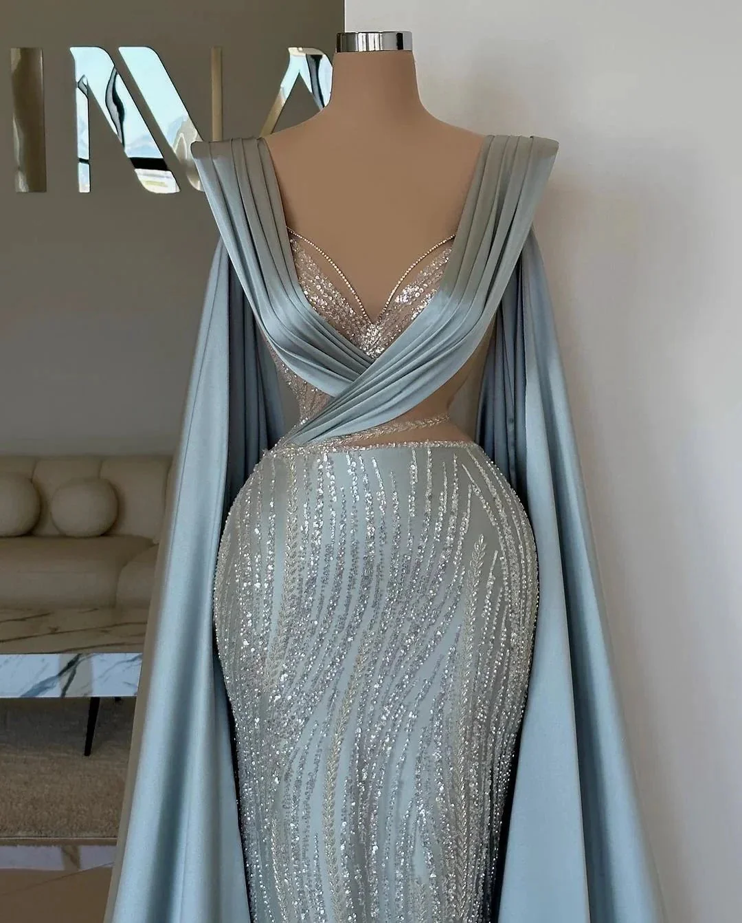 Fabulous Long Blue V-neck Mermaid Sequined Lace Prom Dress With Sleeves - Image 4