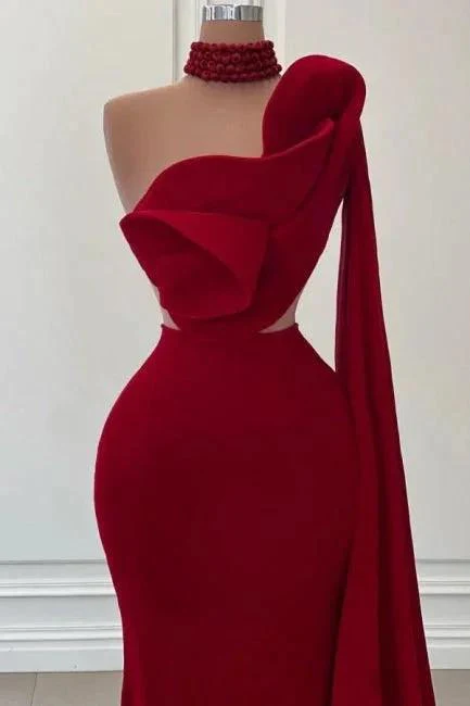 Fabulous Long Burgundy One Shoulder Mermaid Sleeveless Prom Dresses with Ruffles - Image 2