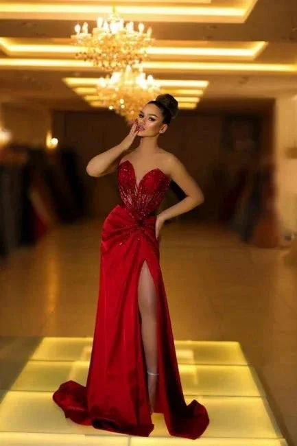 Fabulous Long Burgundy V-neck Lace Satin Prom Dress with Slit - Image 2