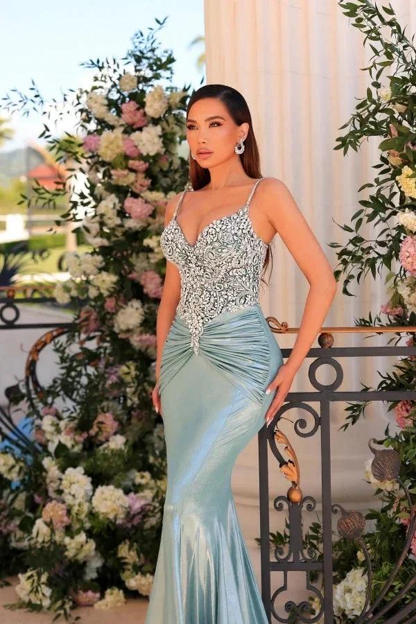 Fabulous Long Green Mermaid Spaghetti Straps Lace Satin Prom Dress - Image 3