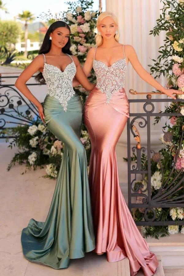 Fabulous Long Green Mermaid Spaghetti Straps Lace Satin Prom Dress - Image 5