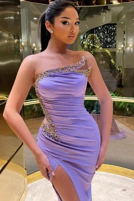 Fabulous Long Lilac Strapless Beading Mermaid Satin Prom Dress With Slit - Image 2