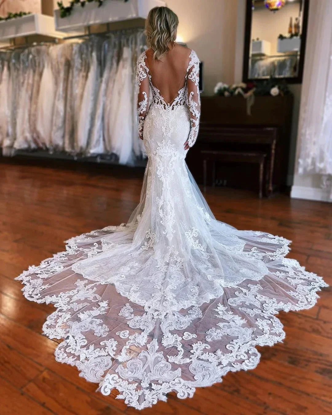 Fabulous Long Mermaid Backless V-neck Lace Wedding Dress With Detachable Train - Image 2