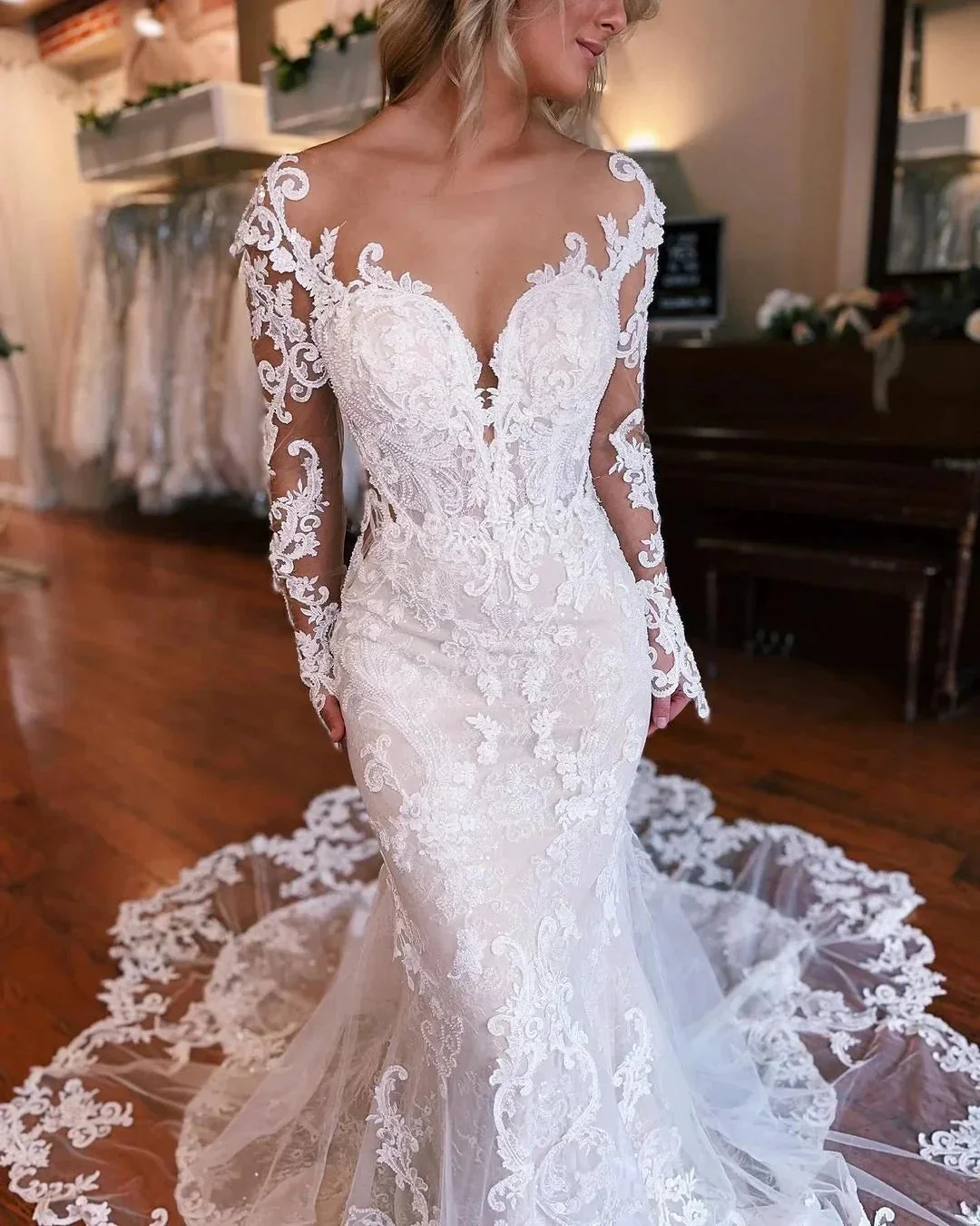 Fabulous Long Mermaid Backless V-neck Lace Wedding Dress With Detachable Train - Image 3