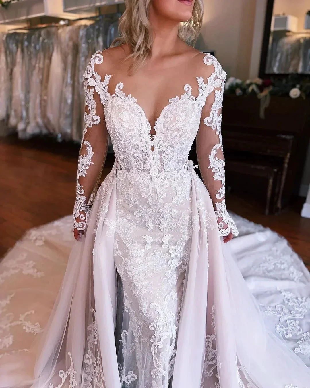 Fabulous Long Mermaid Backless V-neck Lace Wedding Dress With Detachable Train - Image 6