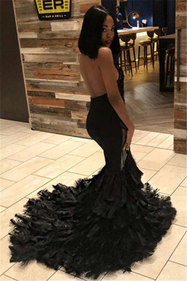 Long Mermaid Halter Open Back Appliques Black Prom Dress - Image 2
