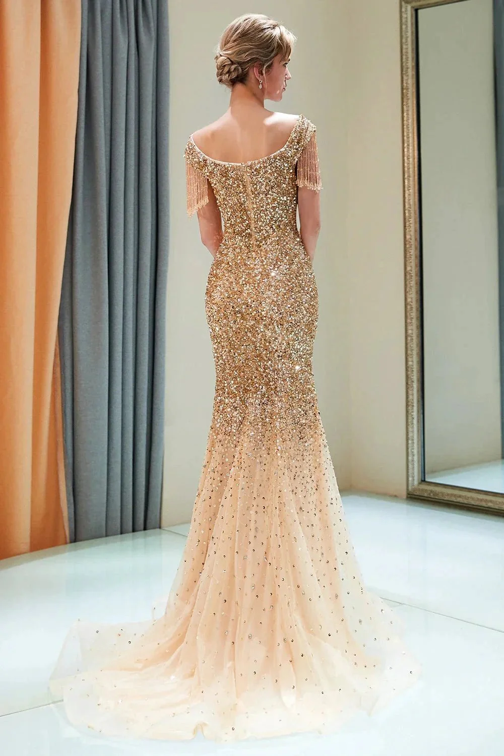 Fabulous Long Mermaid Off-the-shoulder Tulle Sequined Prom Dress - Image 2