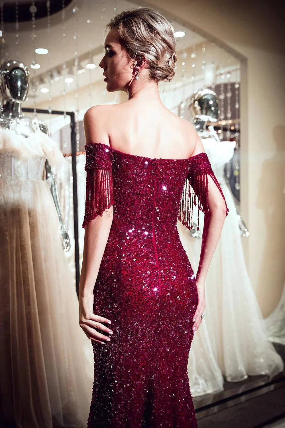 Fabulous Long Mermaid Off-the-shoulder Tulle Sequined Prom Dress - Image 8