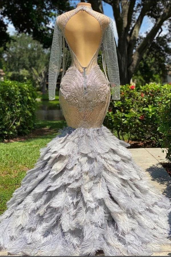 Fabulous Long Mermaid V-neck Sequined Beading Feather Tulle Prom Dress with Sleeves - Image 2