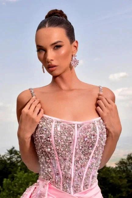 Fabulous Long Pink Mermaid Spaghetti Straps Beading Pearls Satin Prom Dress with Slit - Image 3