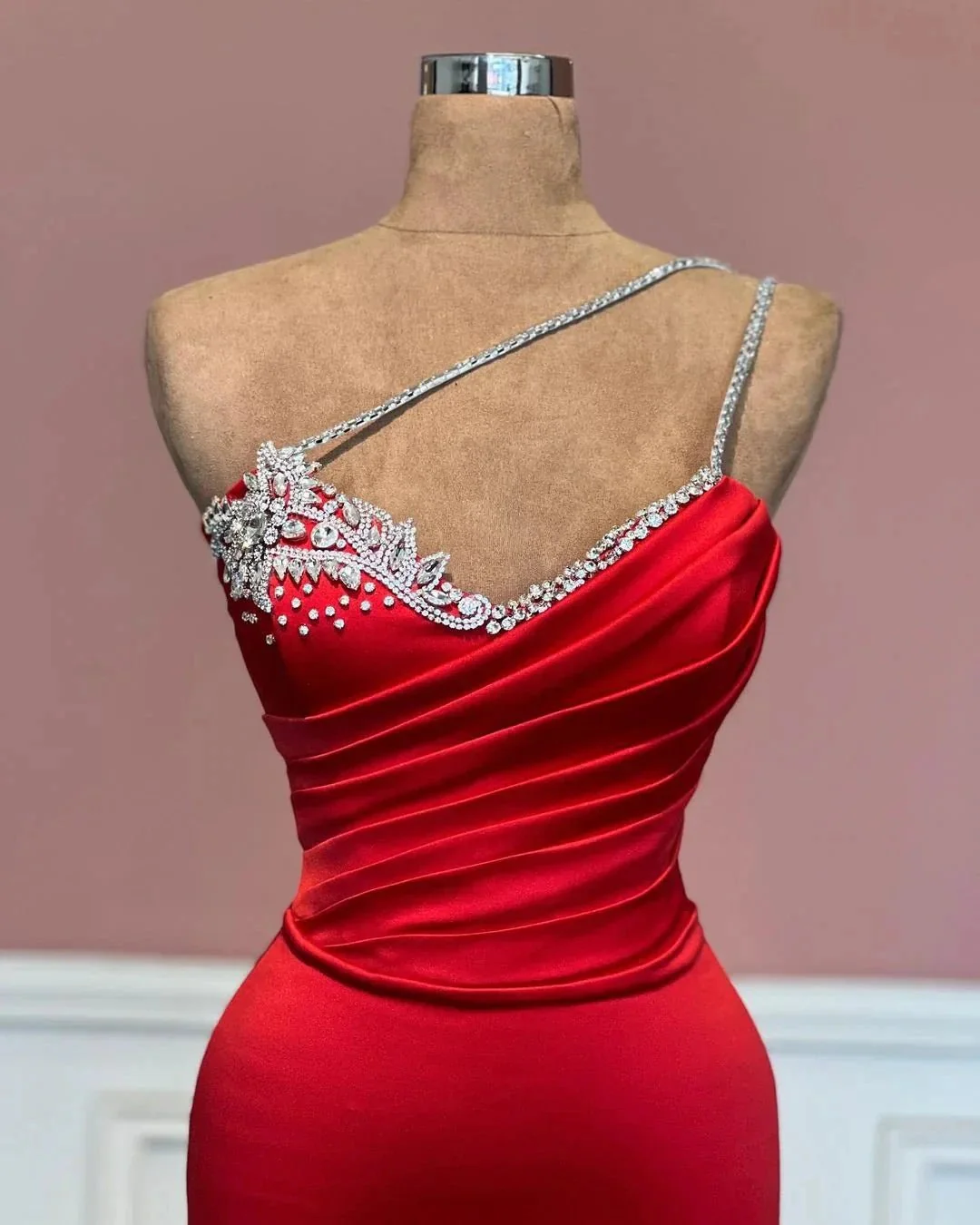 Fabulous Long Red One Shoulder Straps Mermaid Jewels Prom Dress - Image 2