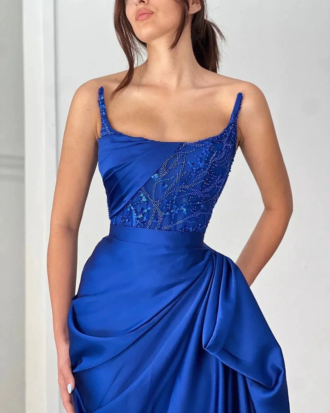 Fabulous Long Royal Blue Sleeveless Sequined Beading Prom Dress With Ruffles - Image 2