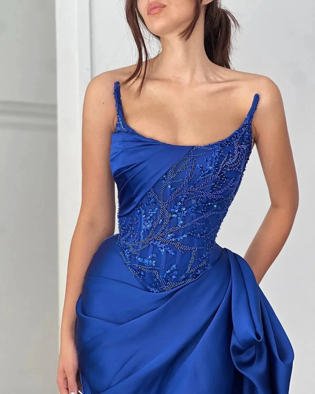 Fabulous Long Royal Blue Sleeveless Sequined Beading Prom Dress With Ruffles - Image 3