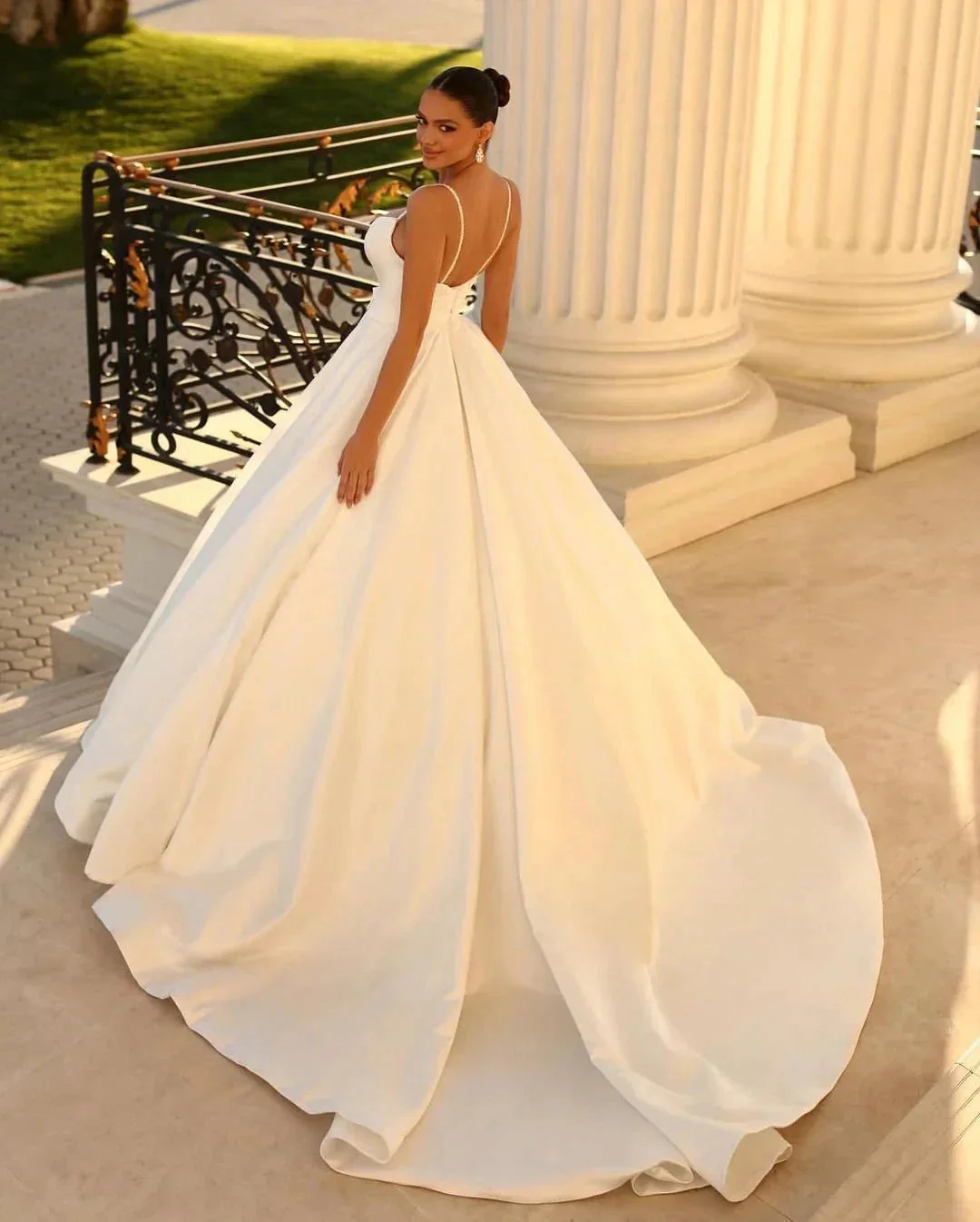 Fabulous Long White A-line Spaghetti Straps Satin Wedding Dress - Image 2