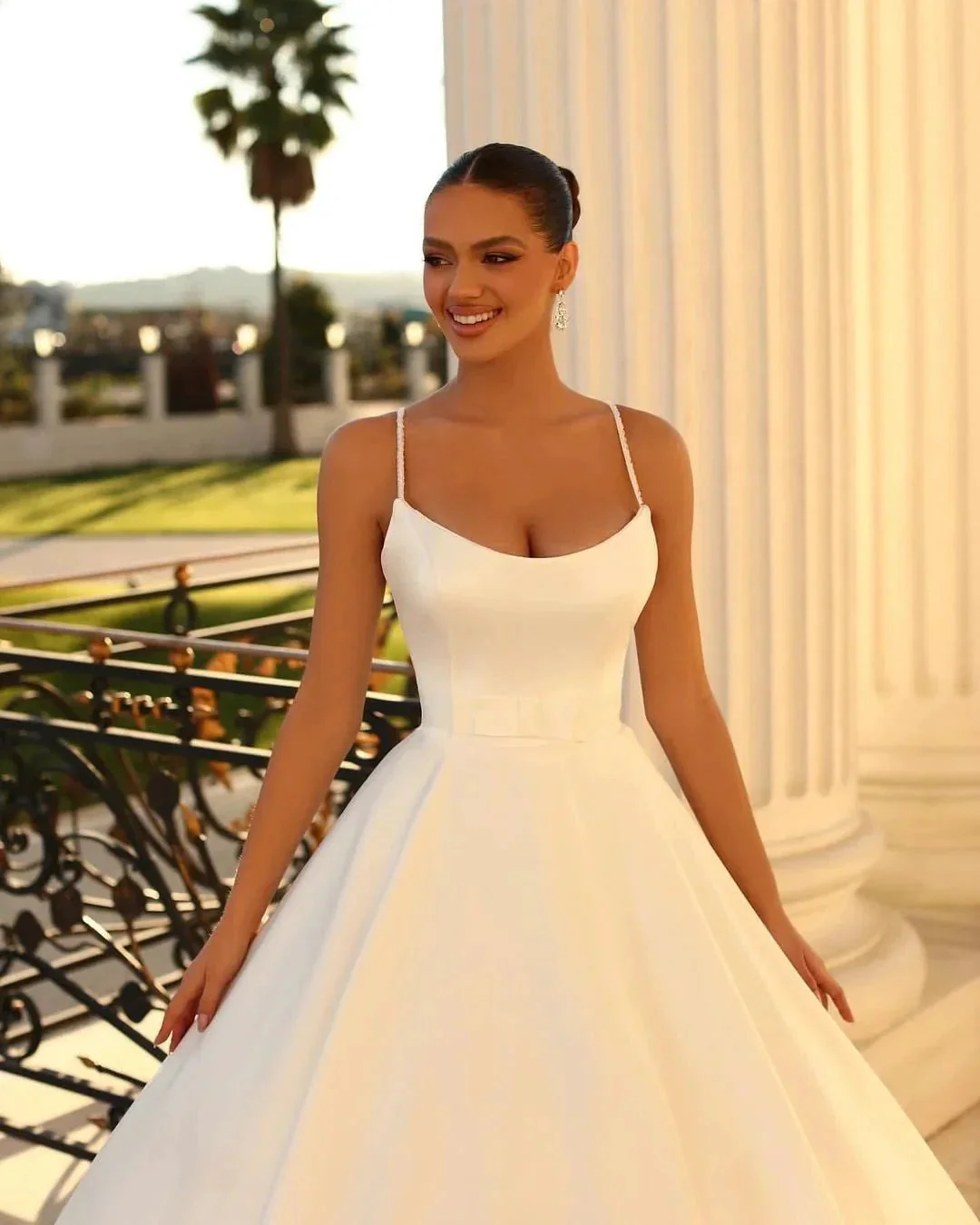 Fabulous Long White A-line Spaghetti Straps Satin Wedding Dress - Image 3