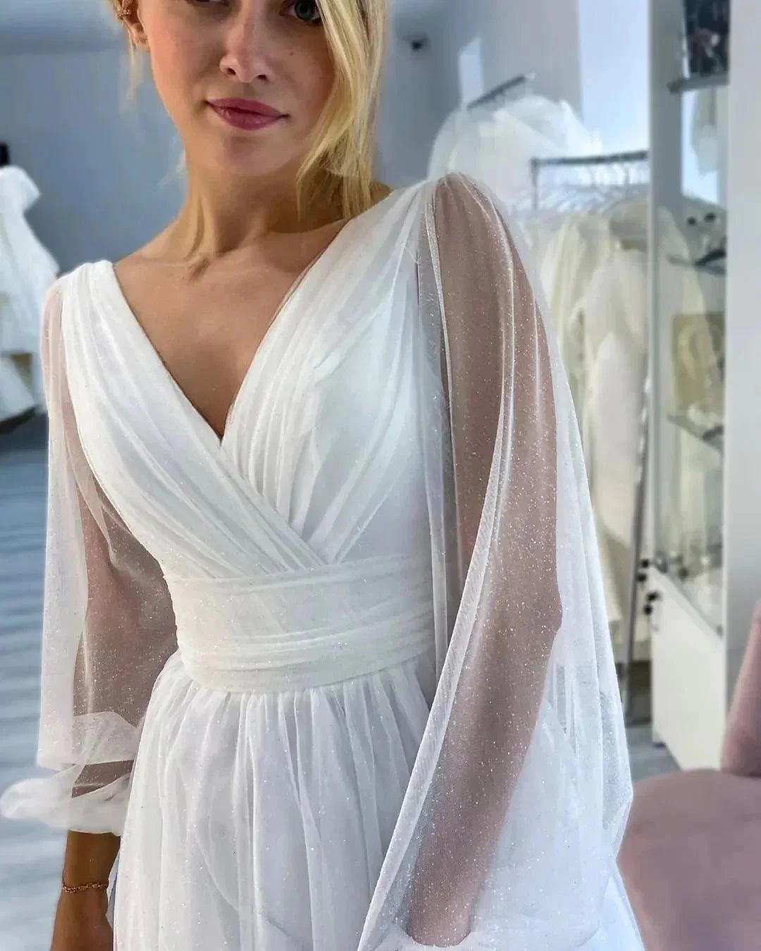 Fabulous Long White A-line V-neck Long Sleeves Glitter Wedding Dress With Slit - Image 2