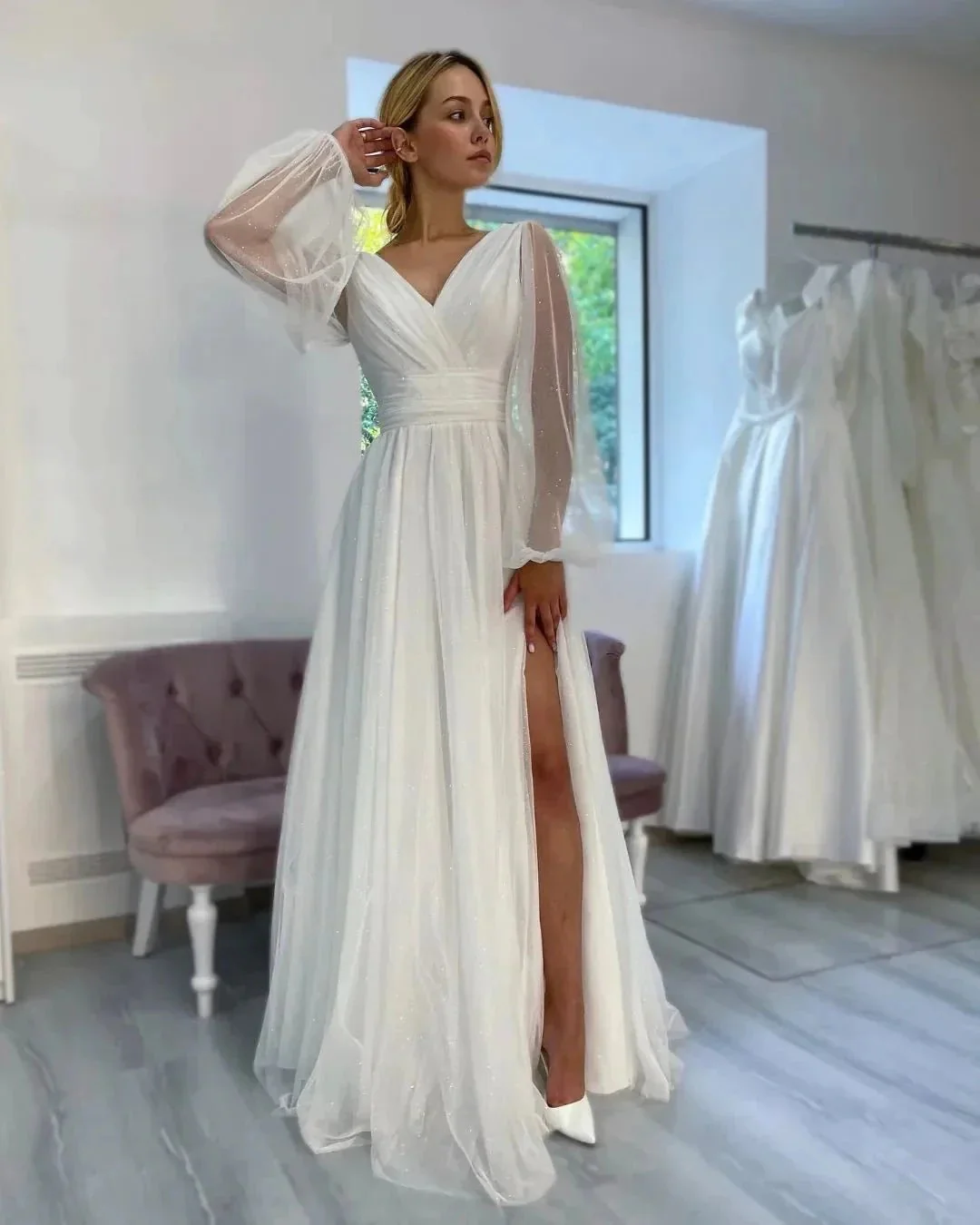 Fabulous Long White A-line V-neck Long Sleeves Glitter Wedding Dress With Slit - Image 3