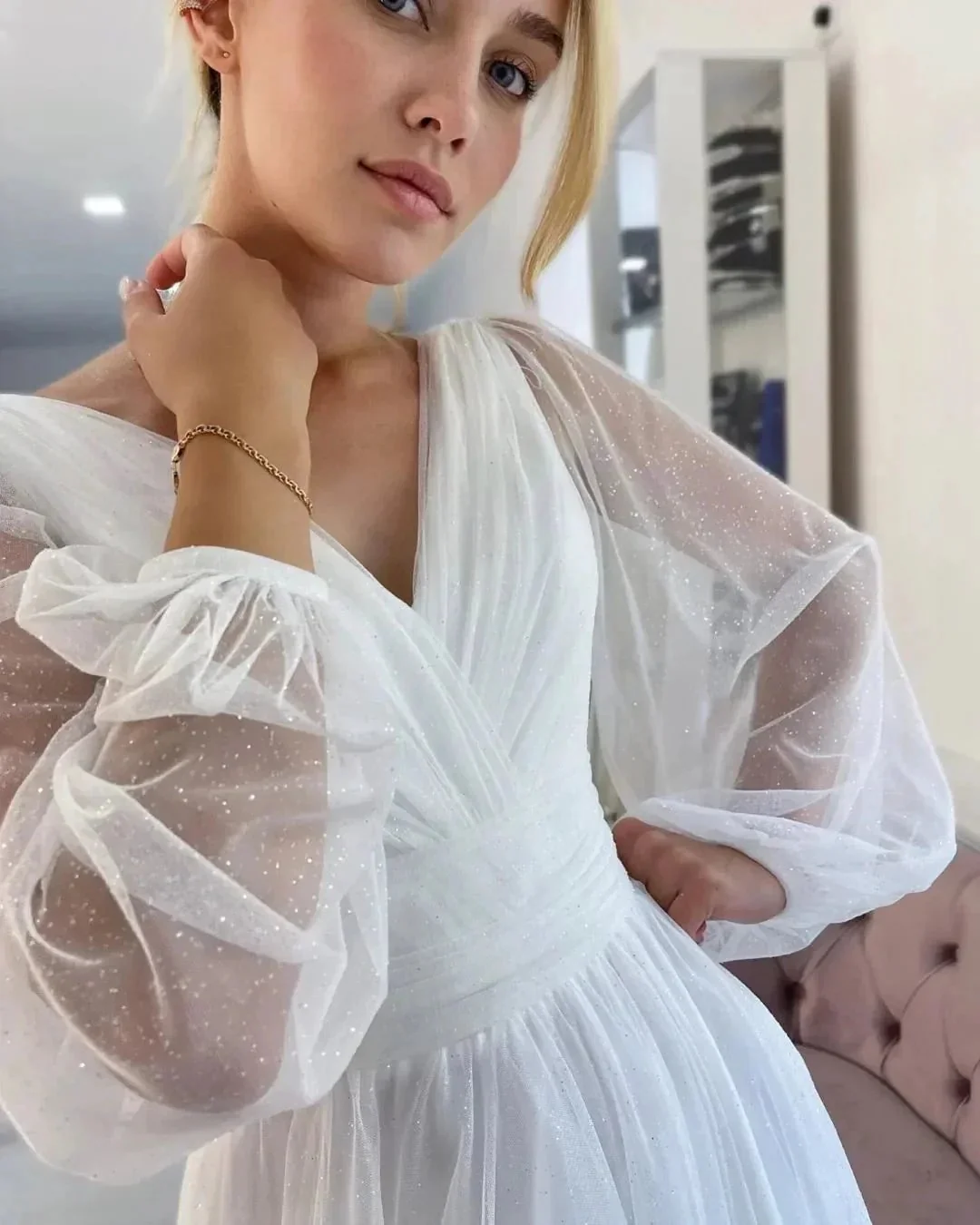 Fabulous Long White A-line V-neck Long Sleeves Glitter Wedding Dress With Slit - Image 4