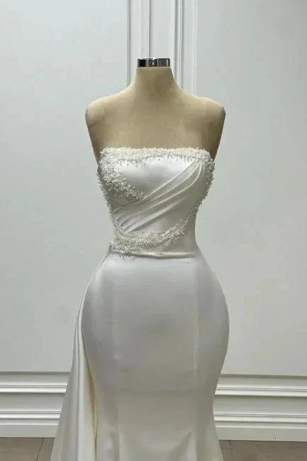 Fabulous Long White Mermaid Sleeveless Strapless Wedding Dress With Pearls - Image 2