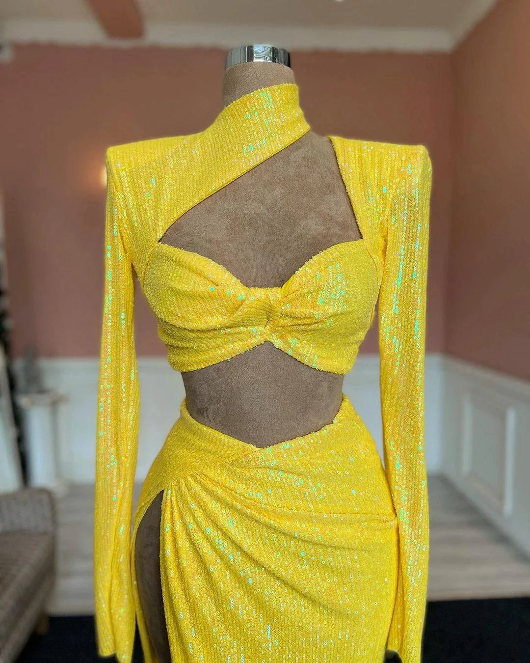 Fabulous Long Yellow Sequined High Neck Long Sleeves Prom Dress With Slit - Image 2