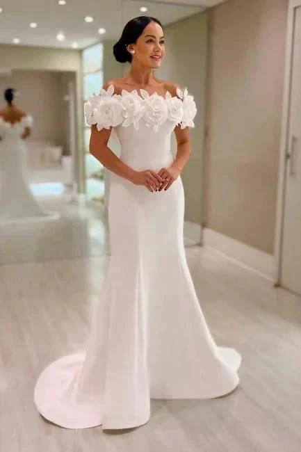 Fabulous Mermaid Satin Off-The-Shoulder Sleeveless White Wedding Dress - Image 3