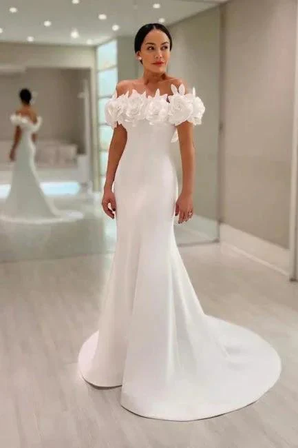 Fabulous Mermaid Satin Off-The-Shoulder Sleeveless White Wedding Dress - Image 6