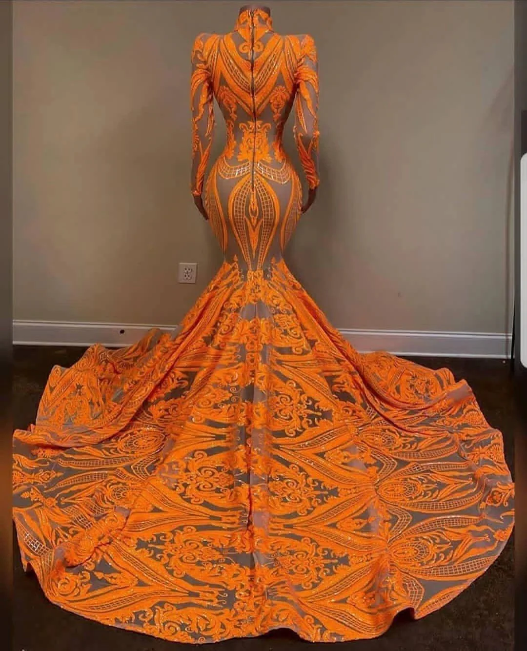 Fabulous Orange Halter Appliques Lace Long Sleeve Mermaid Prom Dresses - Image 2