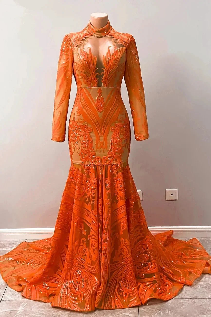 Fabulous Orange Halter Appliques Lace Long Sleeve Mermaid Prom Dresses - Image 3