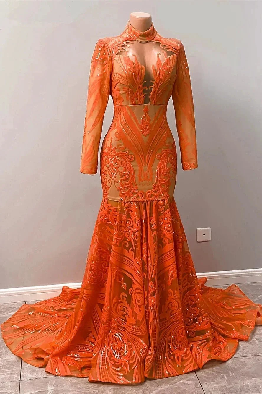 Fabulous Orange Halter Appliques Lace Long Sleeve Mermaid Prom Dresses - Image 4