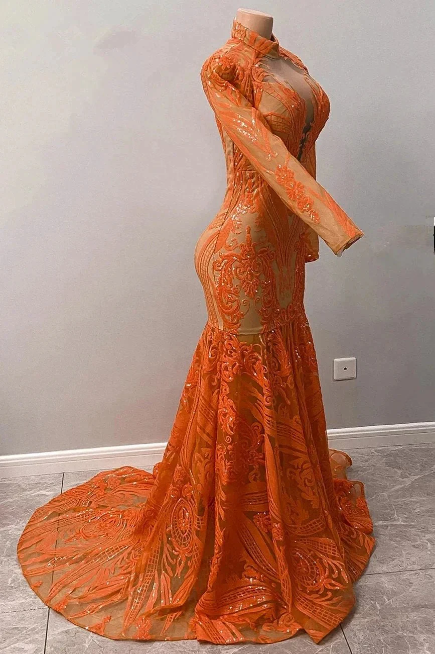 Fabulous Orange Halter Appliques Lace Long Sleeve Mermaid Prom Dresses - Image 5