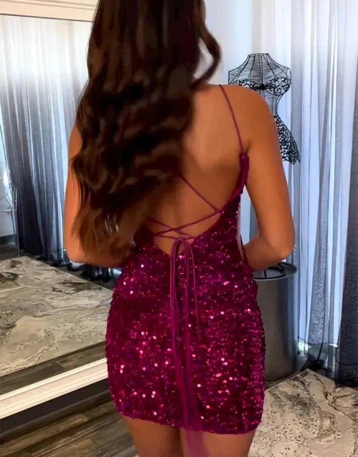 Fabulous Short Column V-neck Sleeveless Sequined Satin Open Back Homecoming Dresses - Image 2