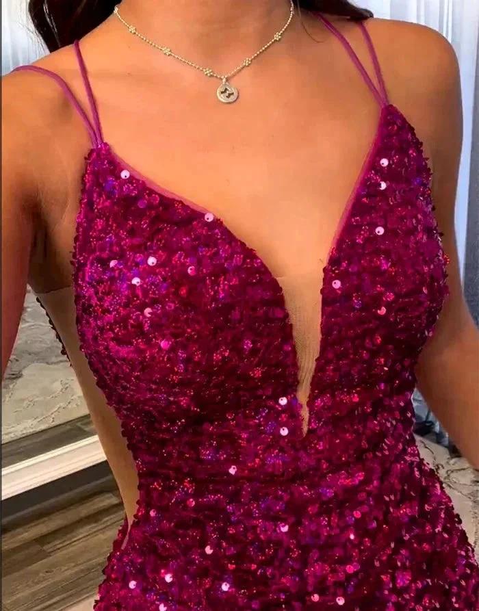 Fabulous Short Column V-neck Sleeveless Sequined Satin Open Back Homecoming Dresses - Image 3