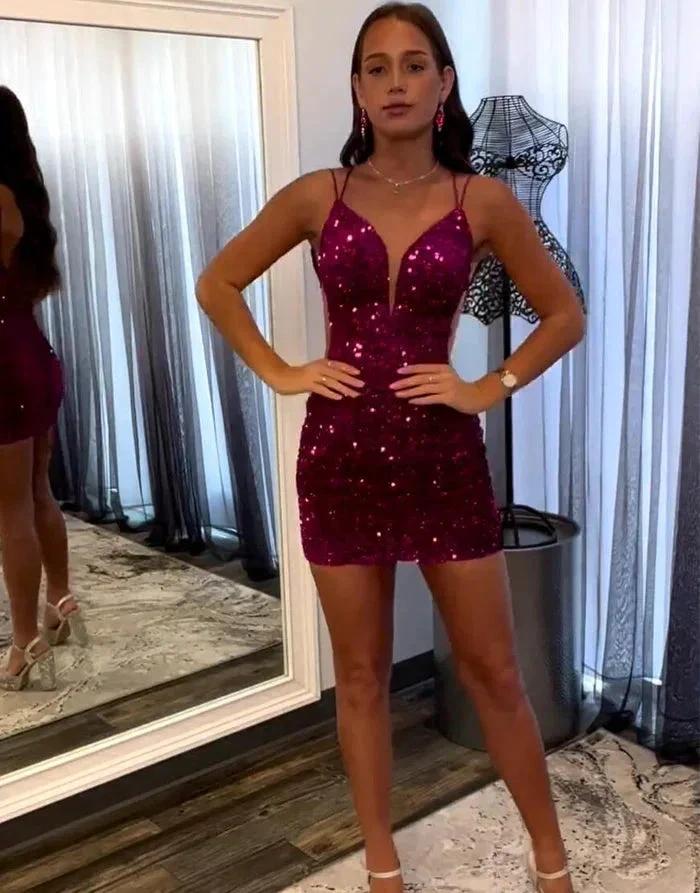 Fabulous Short Column V-neck Sleeveless Sequined Satin Open Back Homecoming Dresses - Image 4