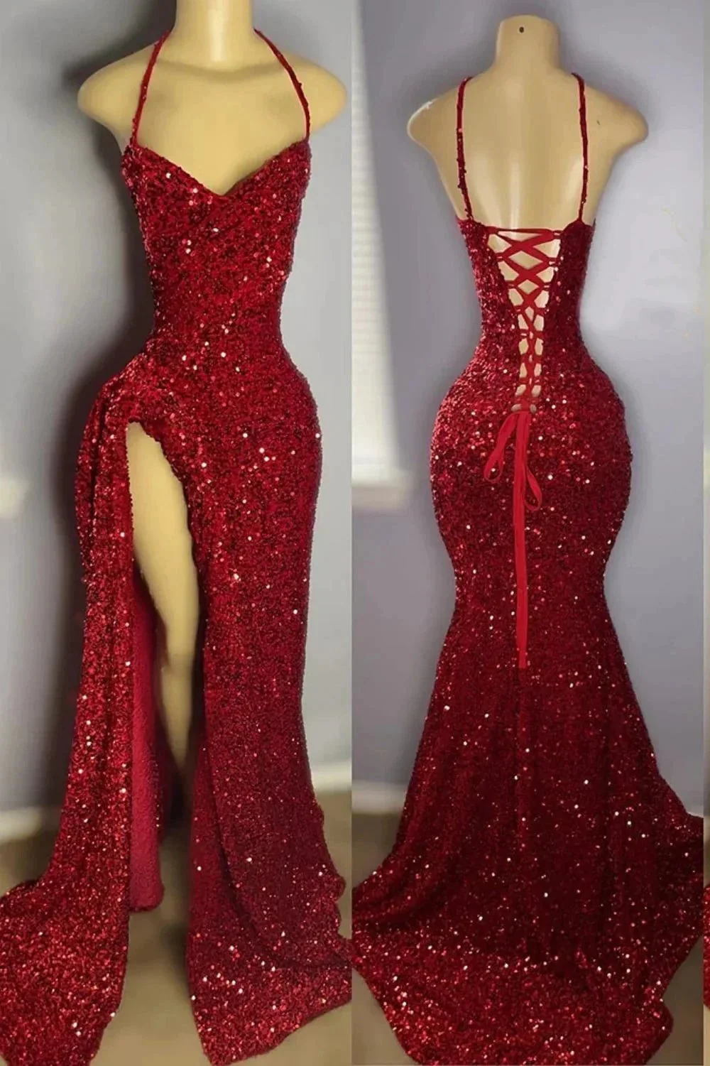 Fabulous V-Neck Spaghetti Straps Split Front Sleeveless Sequined Mermaid Prom Dresses - Image 2