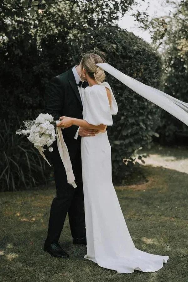 Fairy A Line V Neck Elastic Satin Modest Wedding Dress WD757 - Image 3