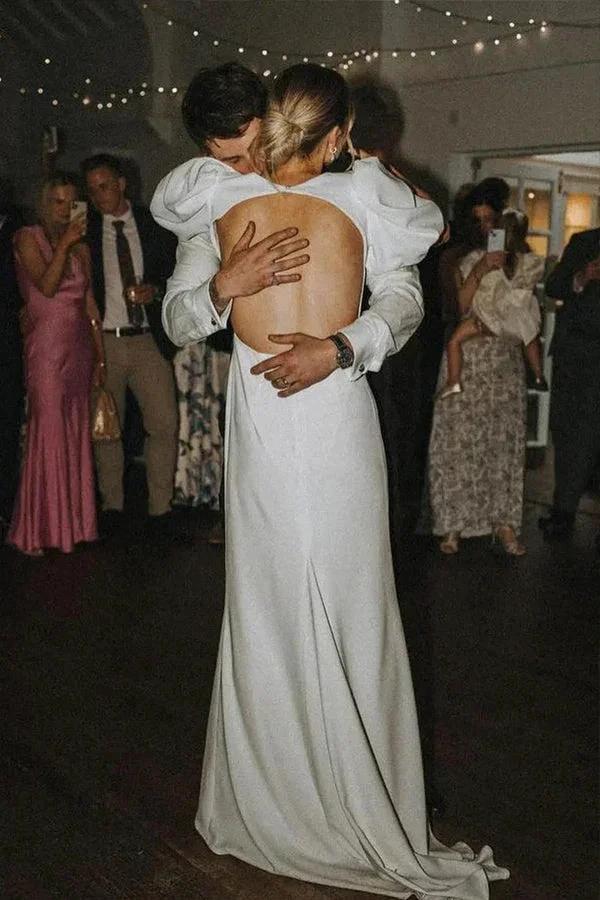 Fairy A Line V Neck Elastic Satin Modest Wedding Dress WD757 - Image 5