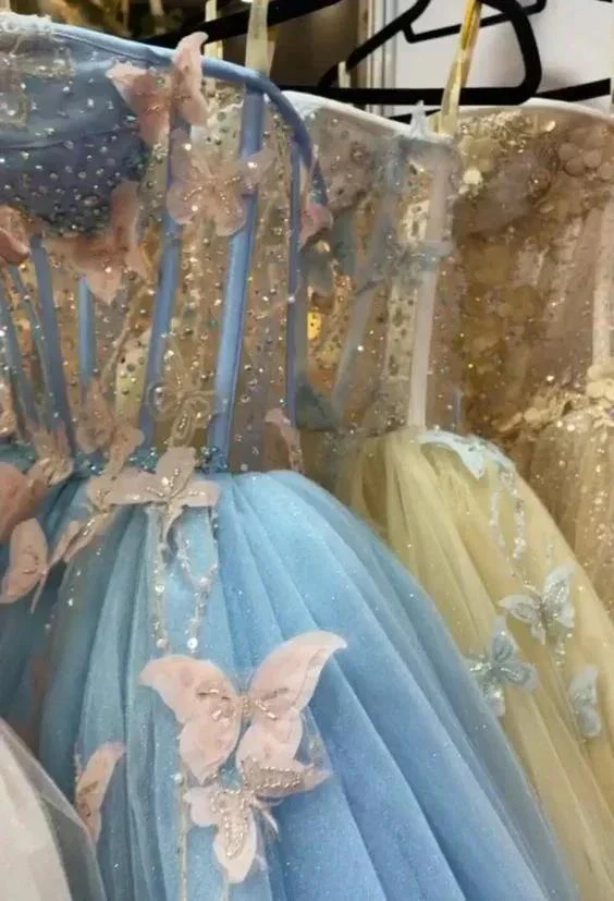 Fairy Dress,Blue Sleeveless Ball Gown With Pink Butterflies Y1387 - Image 2