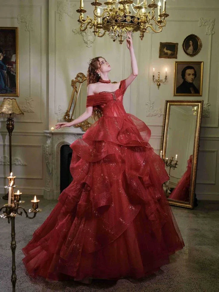 Fairy Off-Shoulder A-Line Red Evening Dress, Sparkling Dress Ball Gown Wedding Dress Y7676 - Image 3