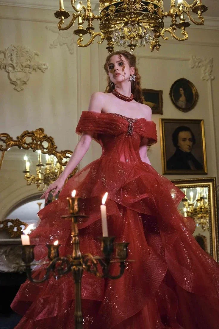 Fairy Off-Shoulder A-Line Red Evening Dress, Sparkling Dress Ball Gown Wedding Dress Y7676 - Image 4