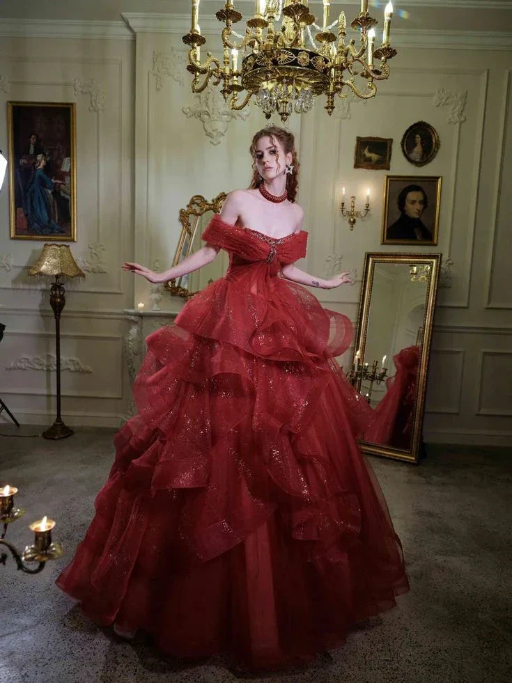 Fairy Off-Shoulder A-Line Red Evening Dress, Sparkling Dress Ball Gown Wedding Dress Y7676 - Image 5