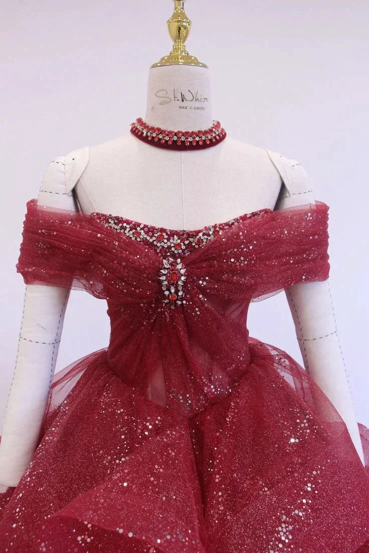 Fairy Off-Shoulder A-Line Red Evening Dress, Sparkling Dress Ball Gown Wedding Dress Y7676 - Image 6