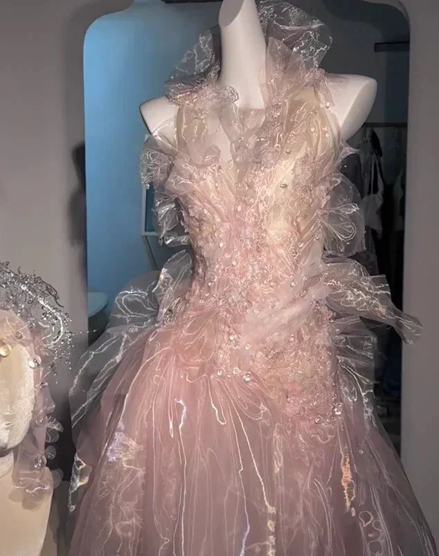 Fairy Pink Tulle Beaded Prom Dress Long Backless Evening Dress Y8564 - Image 2