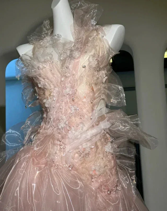 Fairy Pink Tulle Beaded Prom Dress Long Backless Evening Dress Y8564 - Image 3