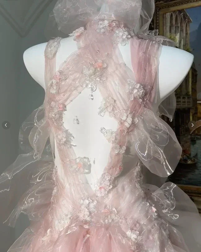 Fairy Pink Tulle Beaded Prom Dress Long Backless Evening Dress Y8564 - Image 4