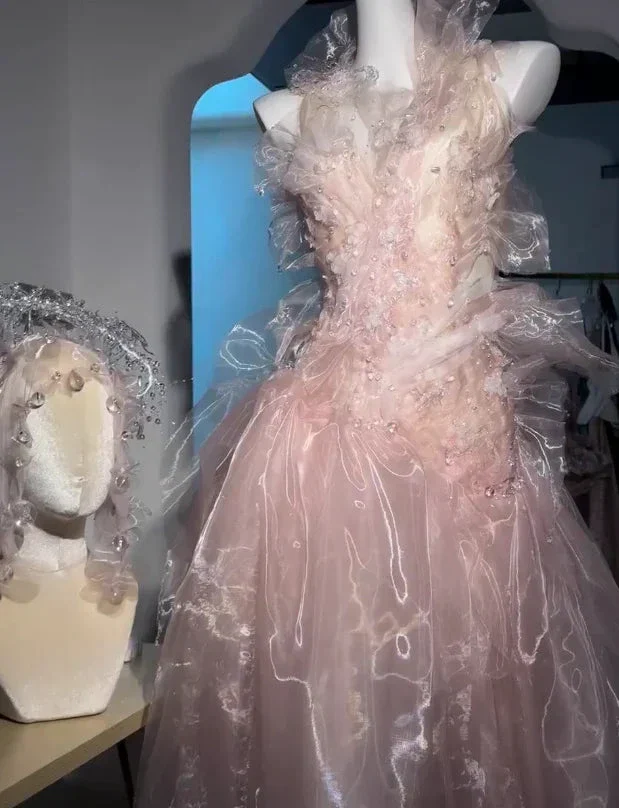 Fairy Pink Tulle Beaded Prom Dress Long Backless Evening Dress Y8564 - Image 5